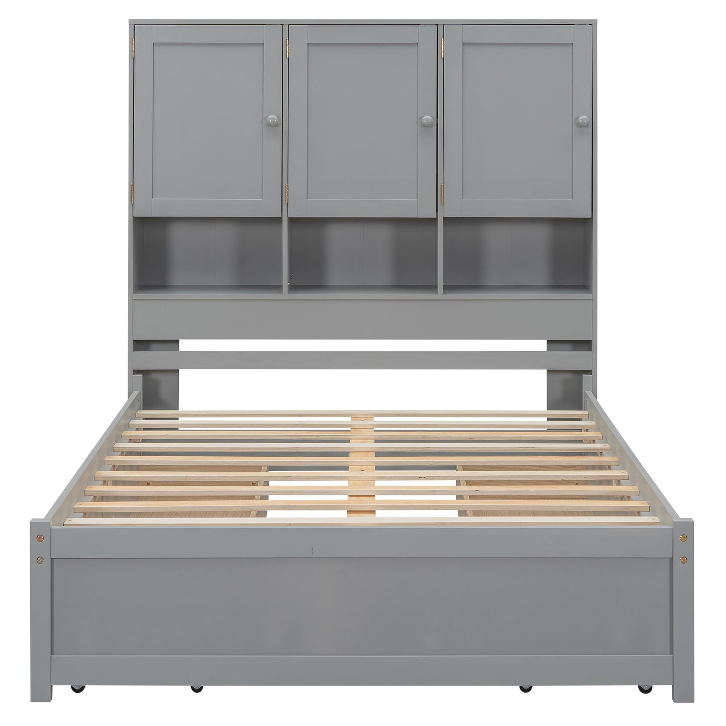 Full Size Platform Bed with Storage Headboard and 4 Drawers, Gray