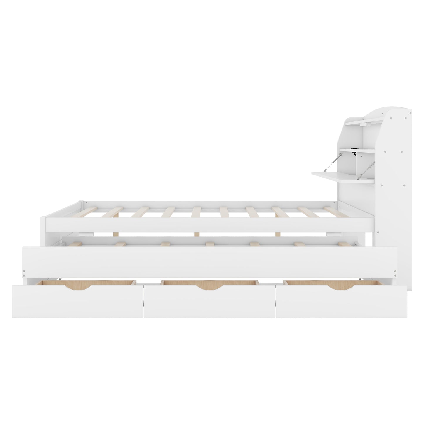 Full Size Wooden LED Platform Bed with Trundle, with Storage Headboard, with Drawers, White