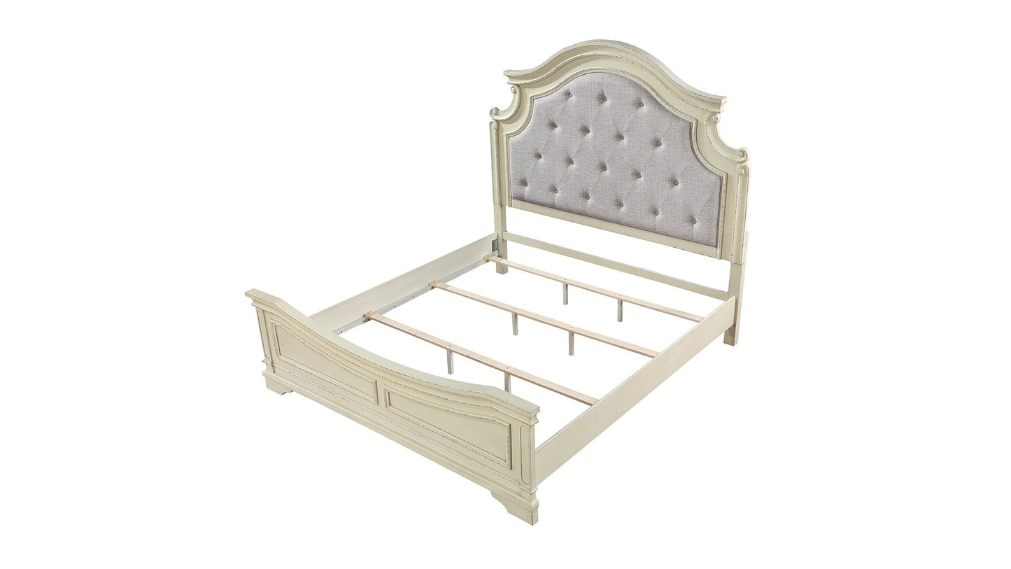 Ensemble de chambre à coucher Queen de style traditionnel 5 pièces avec tête de lit capitonnée à boutons en bois beige antique