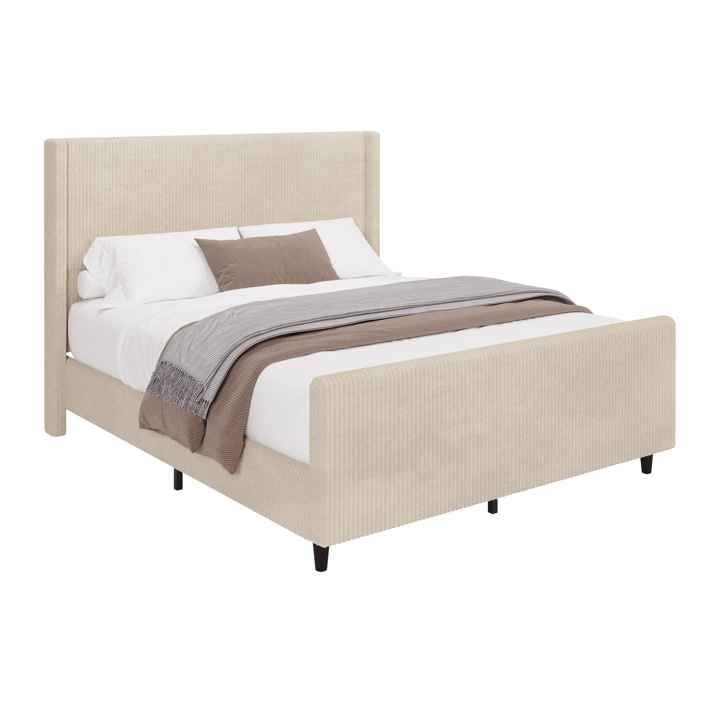 50.7'' High Headboard Corduroy Upholstered Bed Frame with Vertical Stripe Wingback and High Footboard No Box Spring Needed, Queen Size, Cream