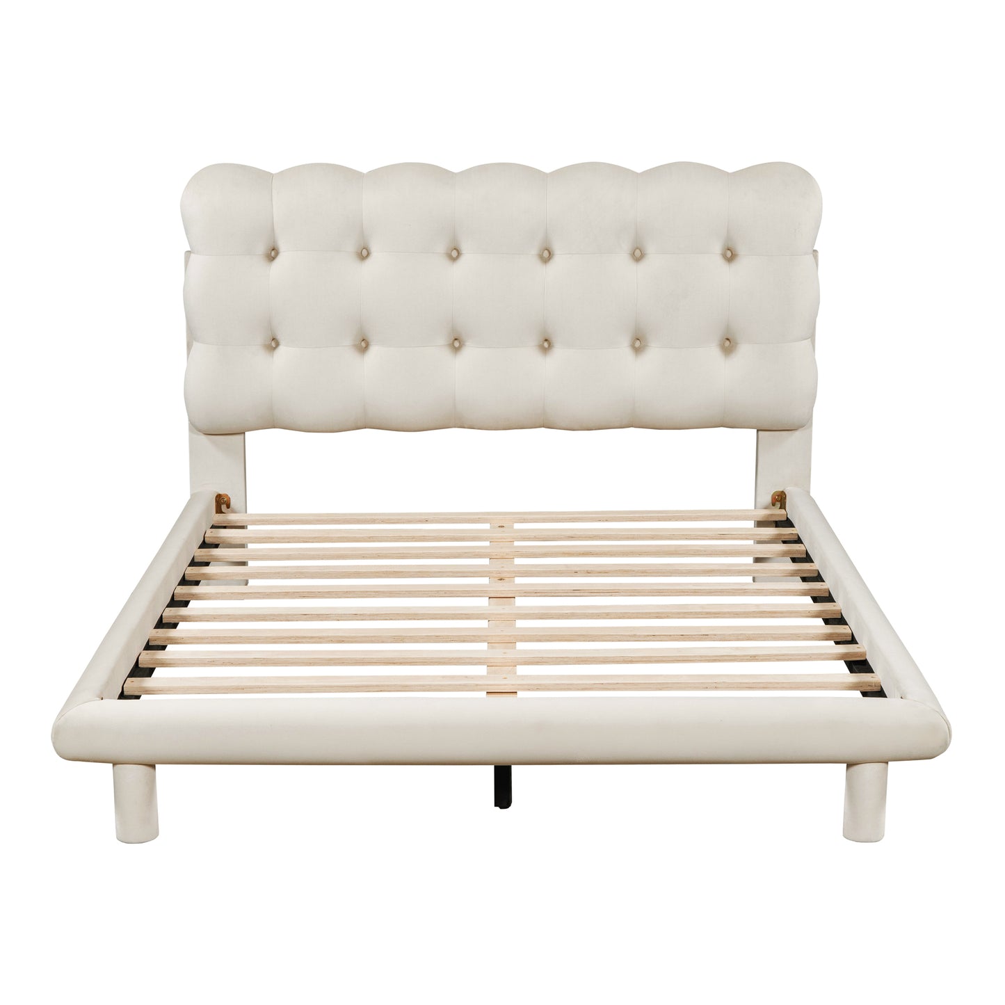 Full Size Velvet Platform Bed with LED Frame, Thick & Soft Fabric and Button-tufted Design Headboard, Beige