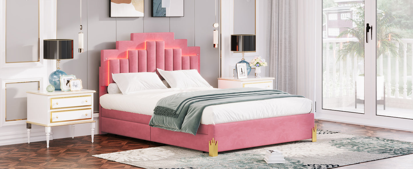 Queen Size Upholstered Platform Bed with LED Lights and 4 Drawers, Stylish Irregular Metal Bed Legs Design, Pink