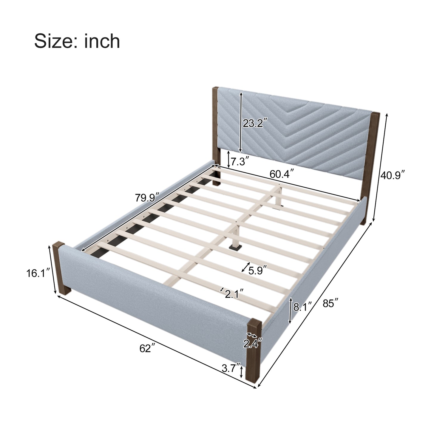 Modern Mid-Century Queen Upholstered Platform Bed Frame with Tufted Headboard and Solid Wood Legs,No Box Spring Needed,Gray