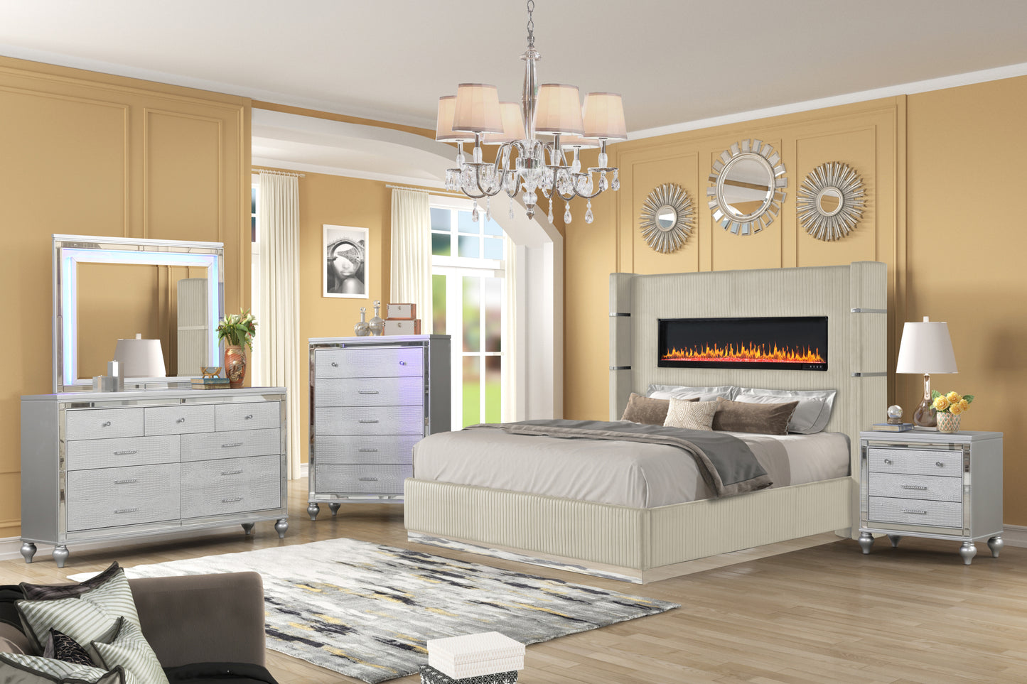 Ensemble de chambre à coucher King 5 pièces en bois rembourré avec éclairage d'ambiance en finition velours beige