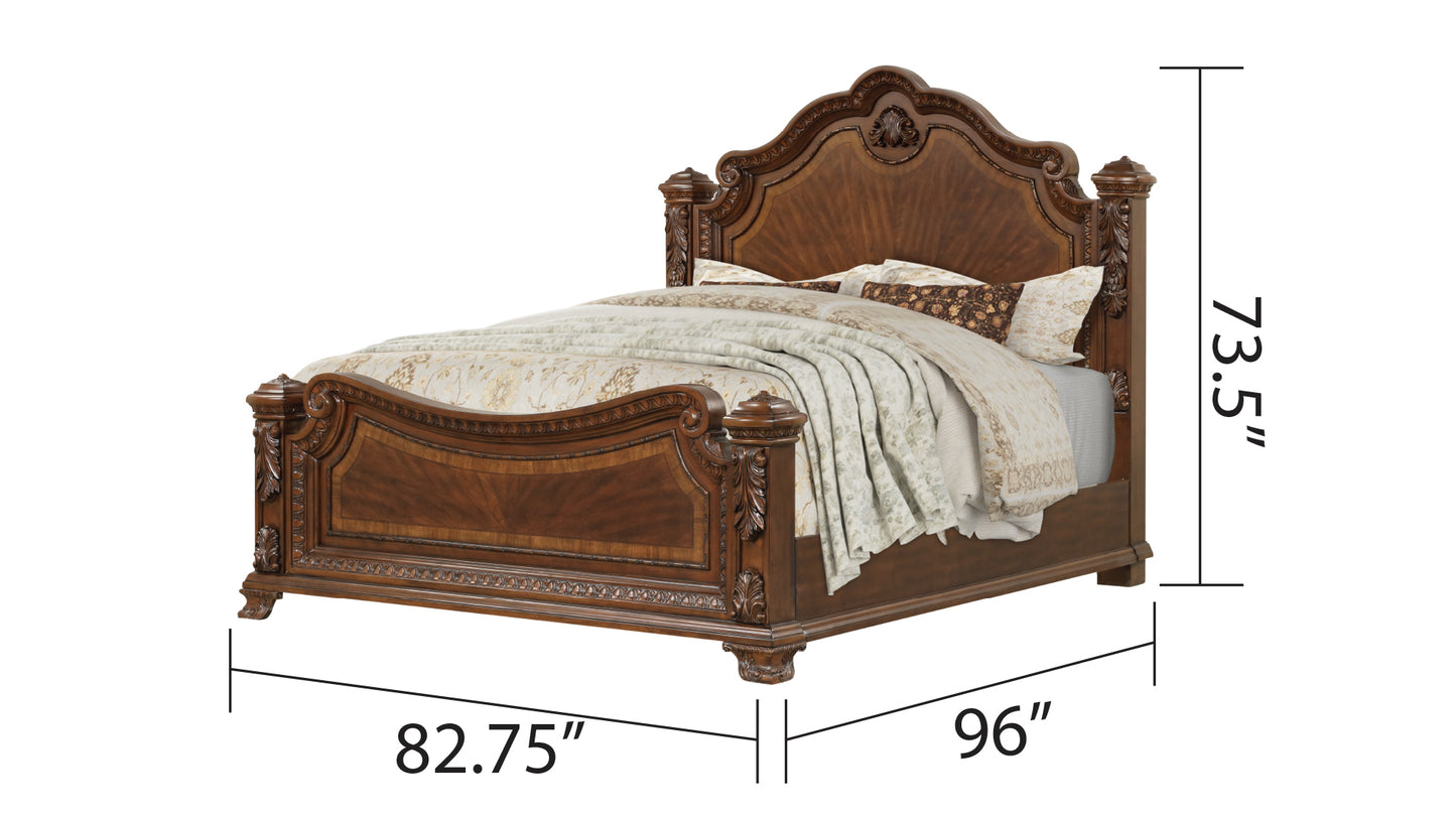 Traditional Style 5 Pc King Bedroom Set With Intricate Wood Carvings Made with Wood in Walnut