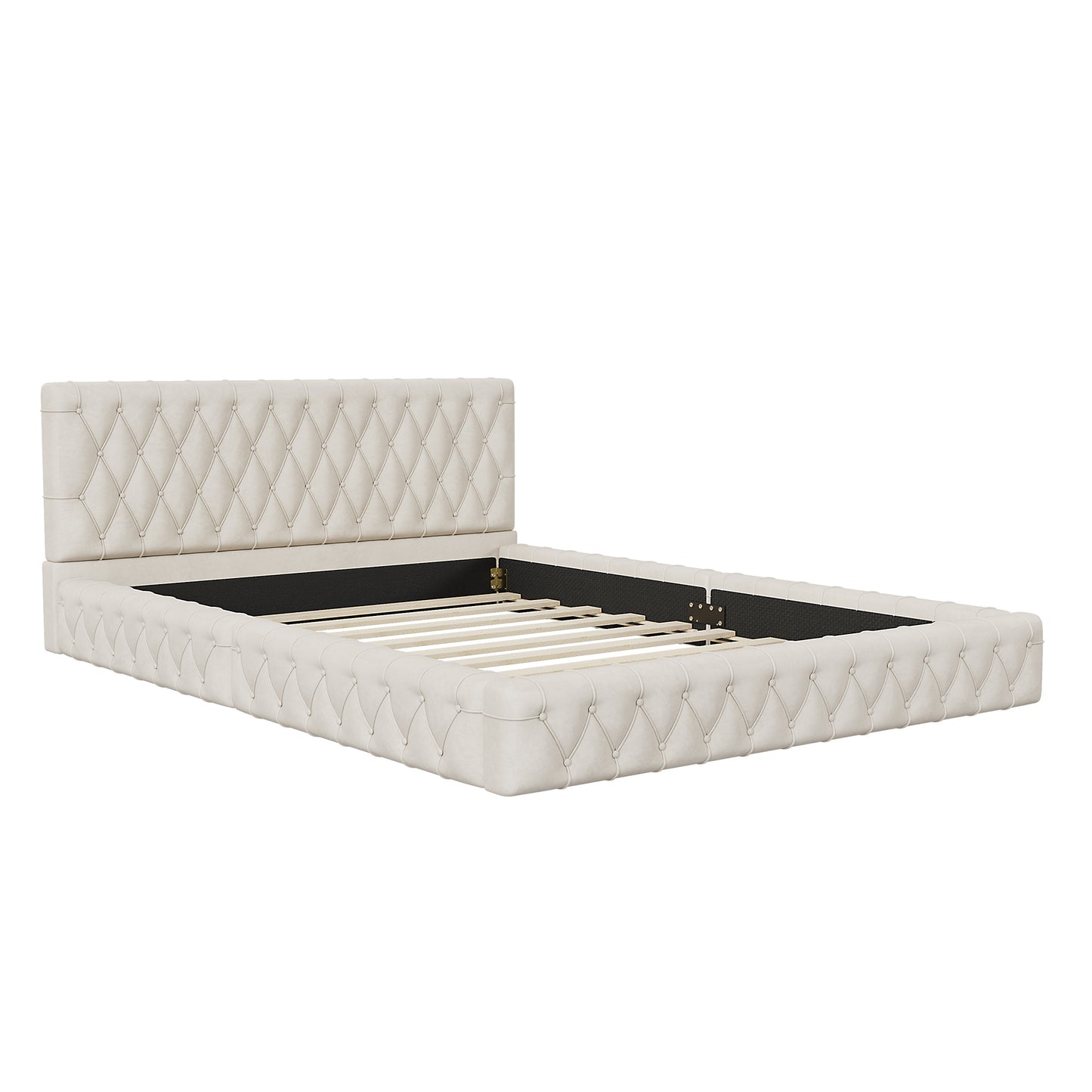 Queen Size Upholstered Bed with Tufted Headboard, Modern Velvet Platform Bed , No Box Spring Required, White