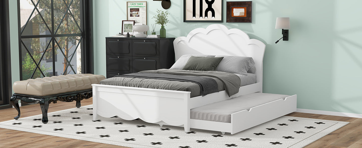 Full Size Wood Platform Bed with Headboard and Twin Size Trundle, White