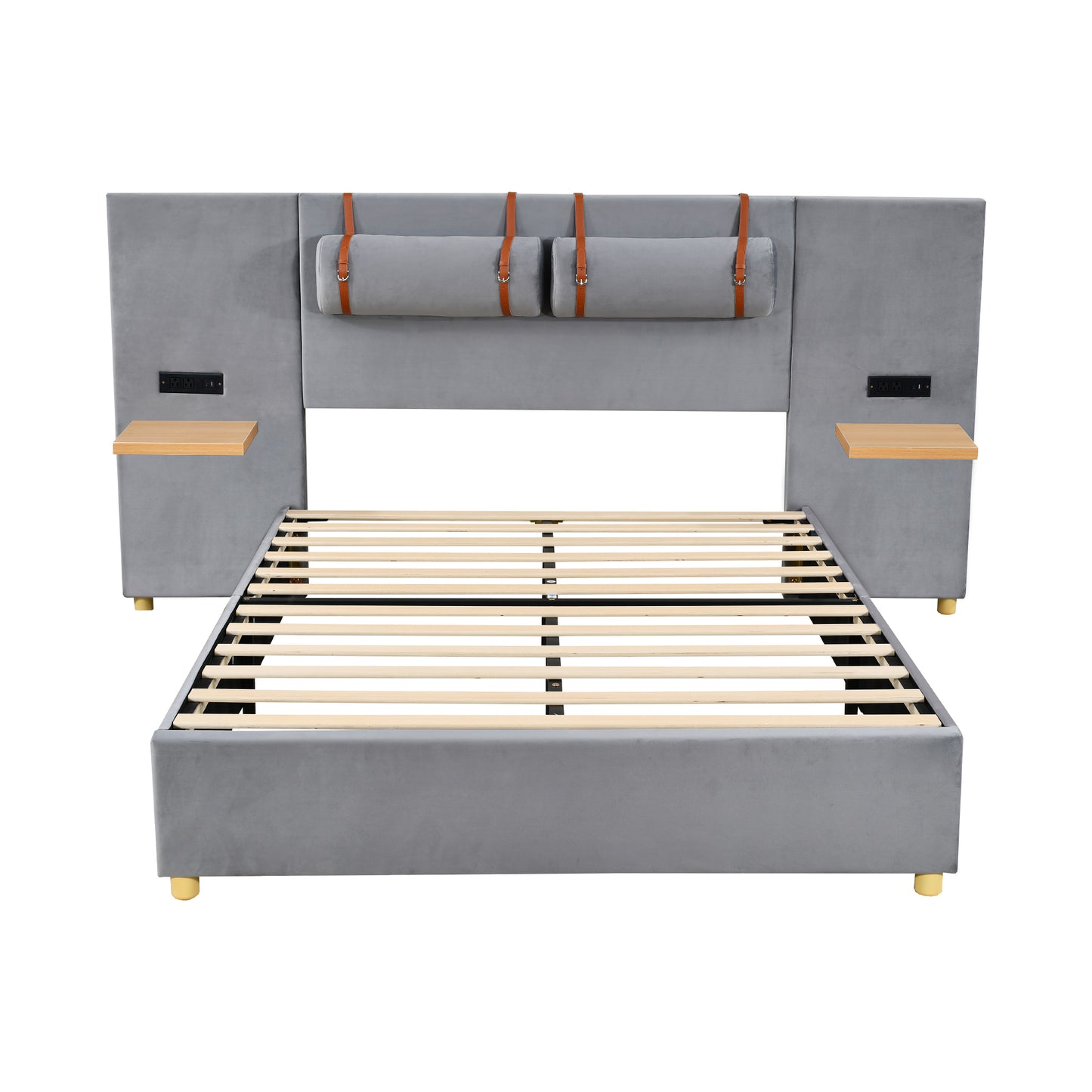 Full size upholstered platform bed with two outlets and USB charging ports on both sides, two bedside pillows, storage shelf, Velvet,Gray