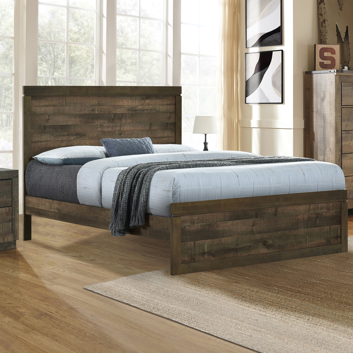 Vintage Farmhouse Style Queen Size Platform Bed with 10 Wooden Slats Support, No Box Spring Needed, Rustic Brown