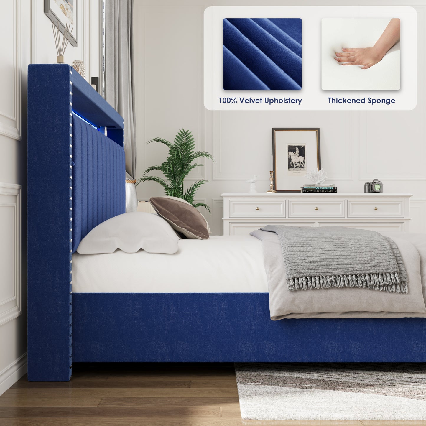 Luxury Gas Lift Storage Bed with RF LED Lights, Storage Headboard ,FULL Size ,Velvet Blue