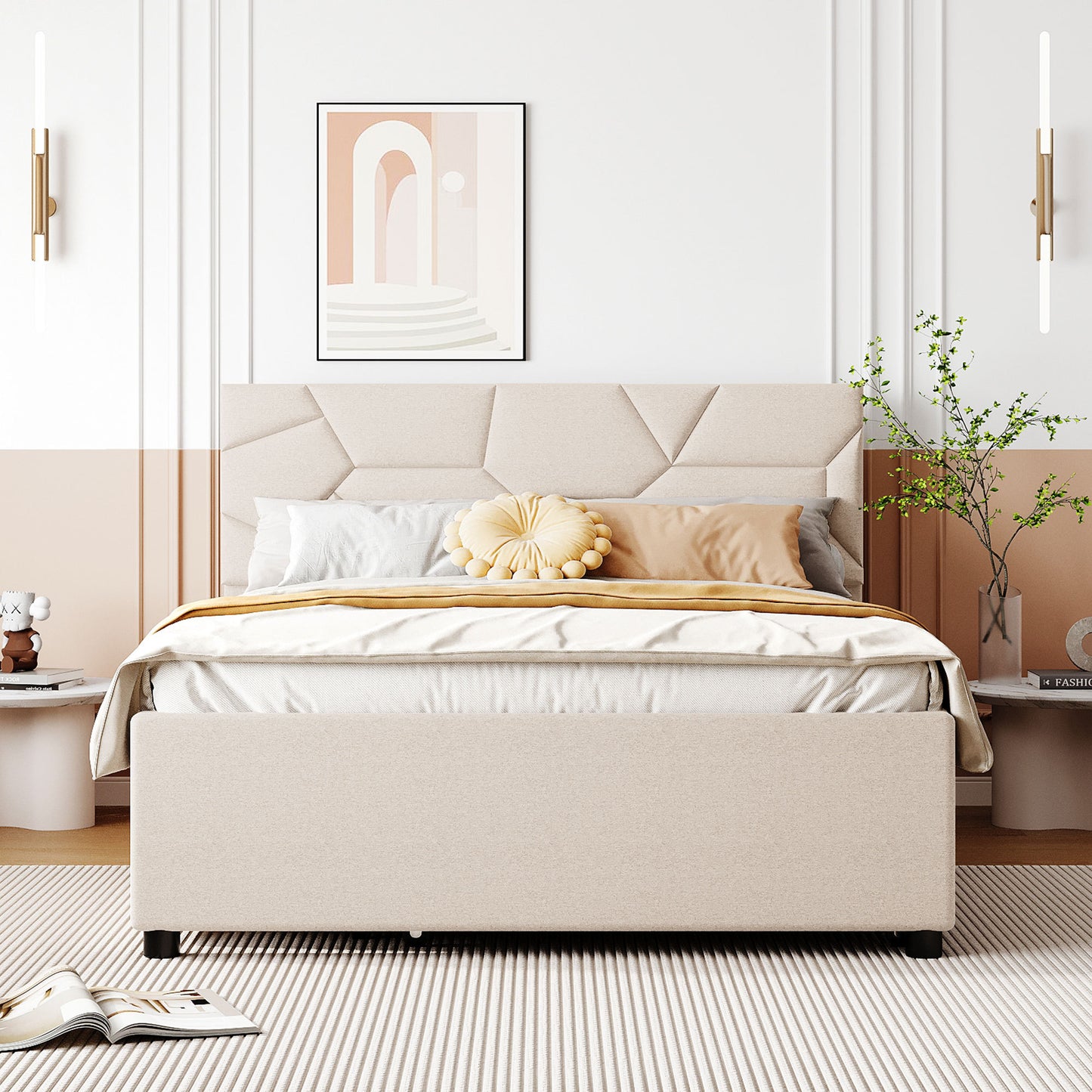 Full Size Upholstered Platform Bed with Brick Pattern Headboard, with Twin Size Trundle and 2 Drawers, Linen Fabric, Beige