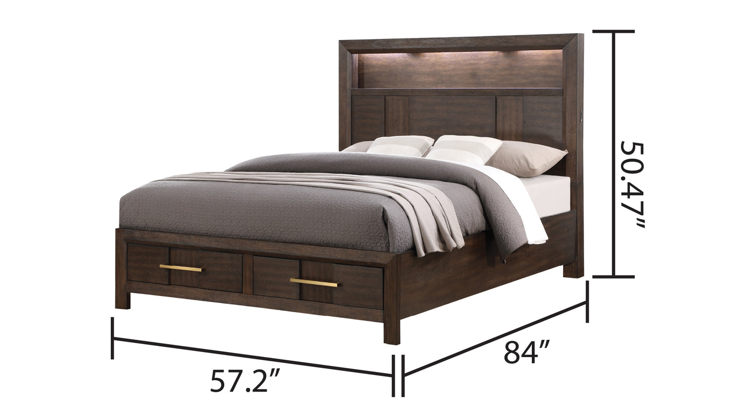 Modern Style Full Bed Made with Wood & LED Headboard with bookshelf in Walnut