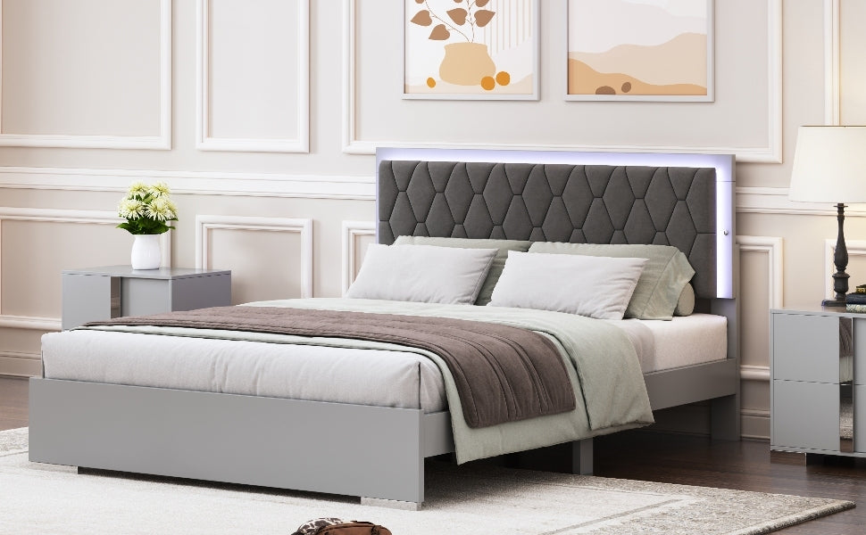 Queen Size Upholstered Bed with LED Lights,Modern Platform Bed with Velvet Headboard,Grey