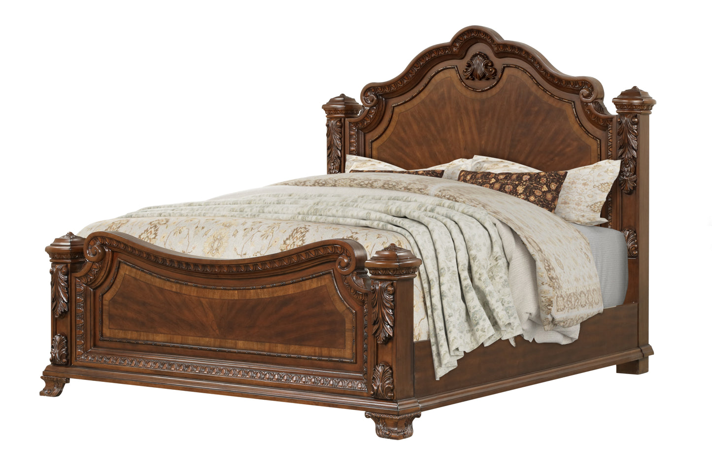 Traditional Style Queen Bed With Intricate Wood Carvings Made with Wood in Walnut