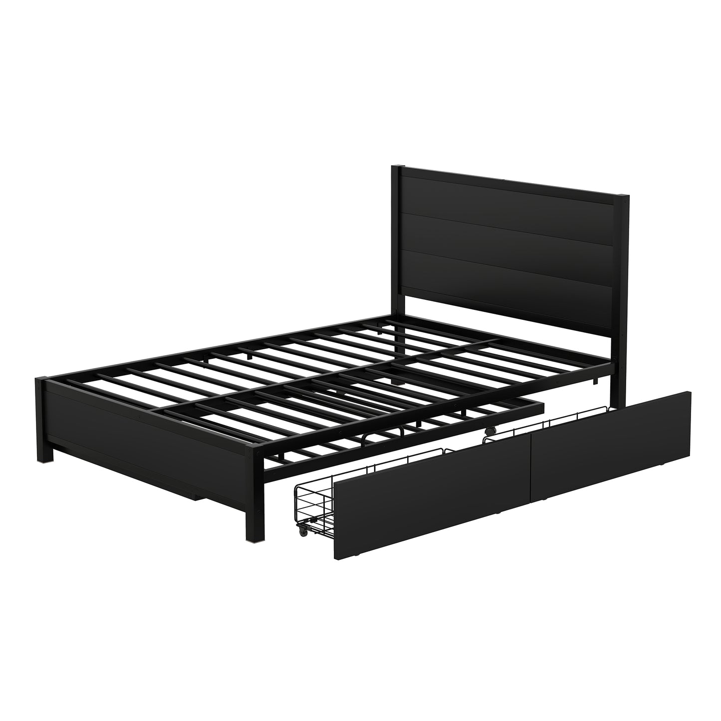 Metal Full Size Storage Platform Bed with Twin Size Trundle and 2 Drawers, Black