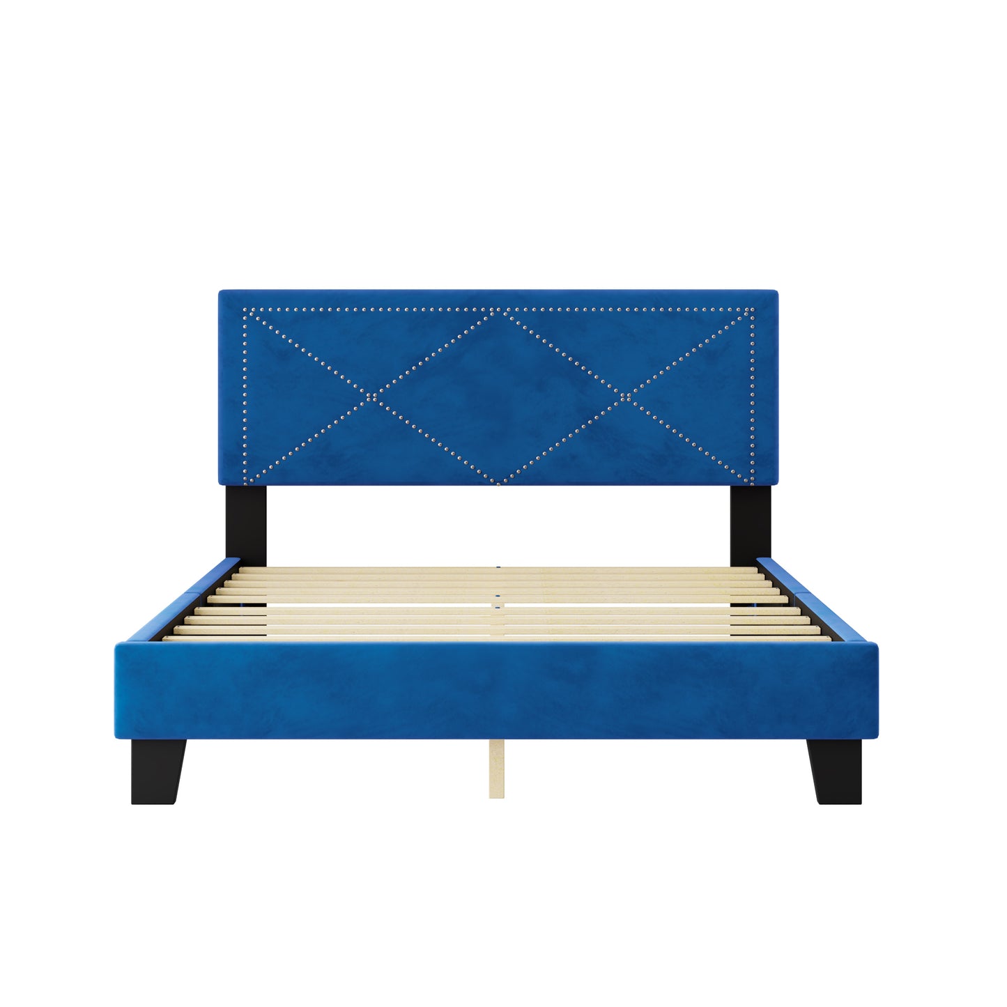 Simple Queen Size Upholstered Bed Frame with Rivet Design, Modern Velvet Platform Bed with headboard, Blue