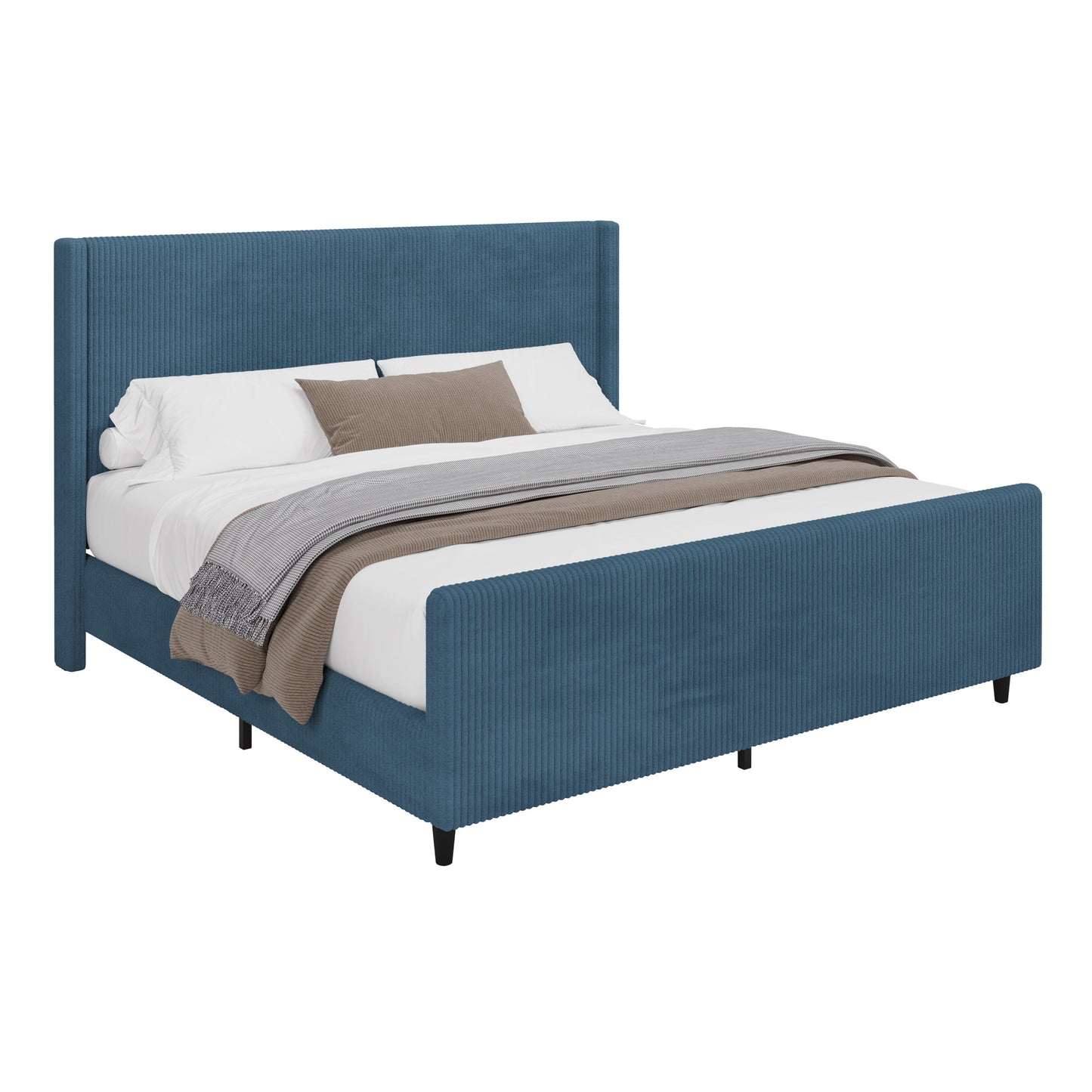 50.7'' High Headboard Corduroy Upholstered Bed Frame with Vertical Stripe Wingback and High Footboard No Box Spring Needed,King Size, Blue