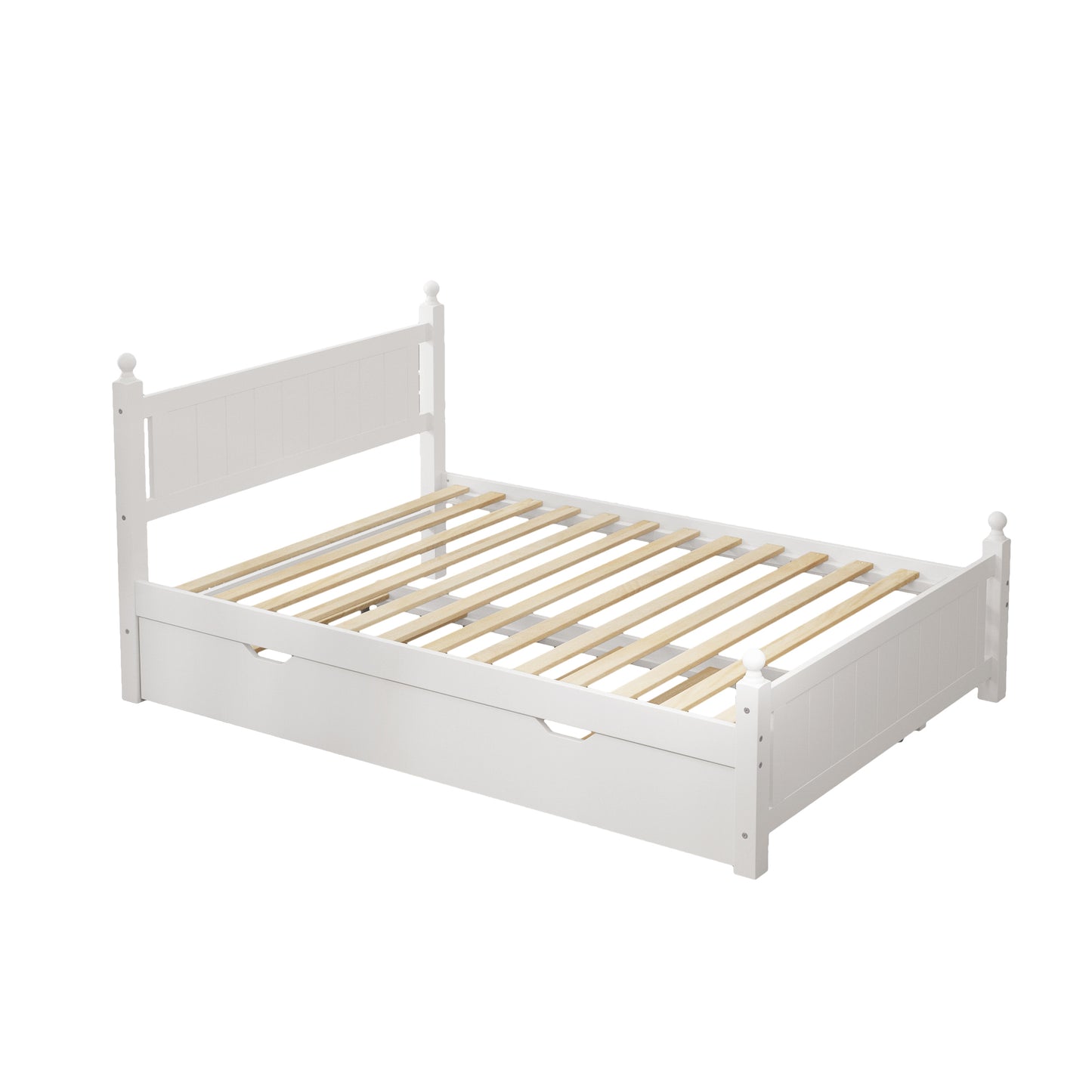 Full Size Solid Wood Platform Bed Frame with trundle for Limited Kids, Teens, Adults, No Need Box Spring, White