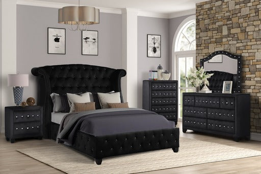 Ensemble de chambre à coucher King 5 pièces en tissu d'ameublement en bois noir