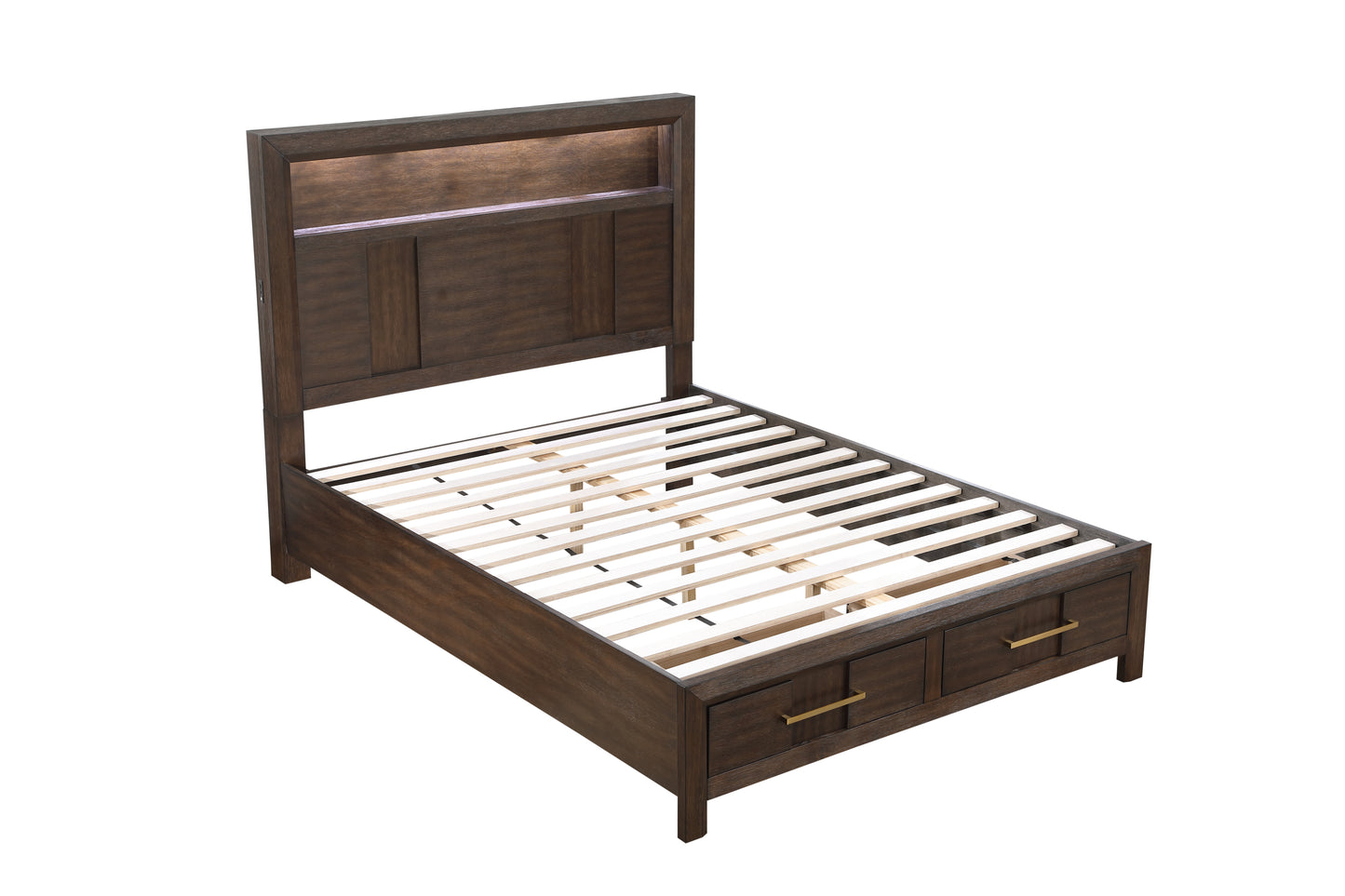 Modern Style King Bed Made with Wood & LED Headboard with bookshelf in Walnut