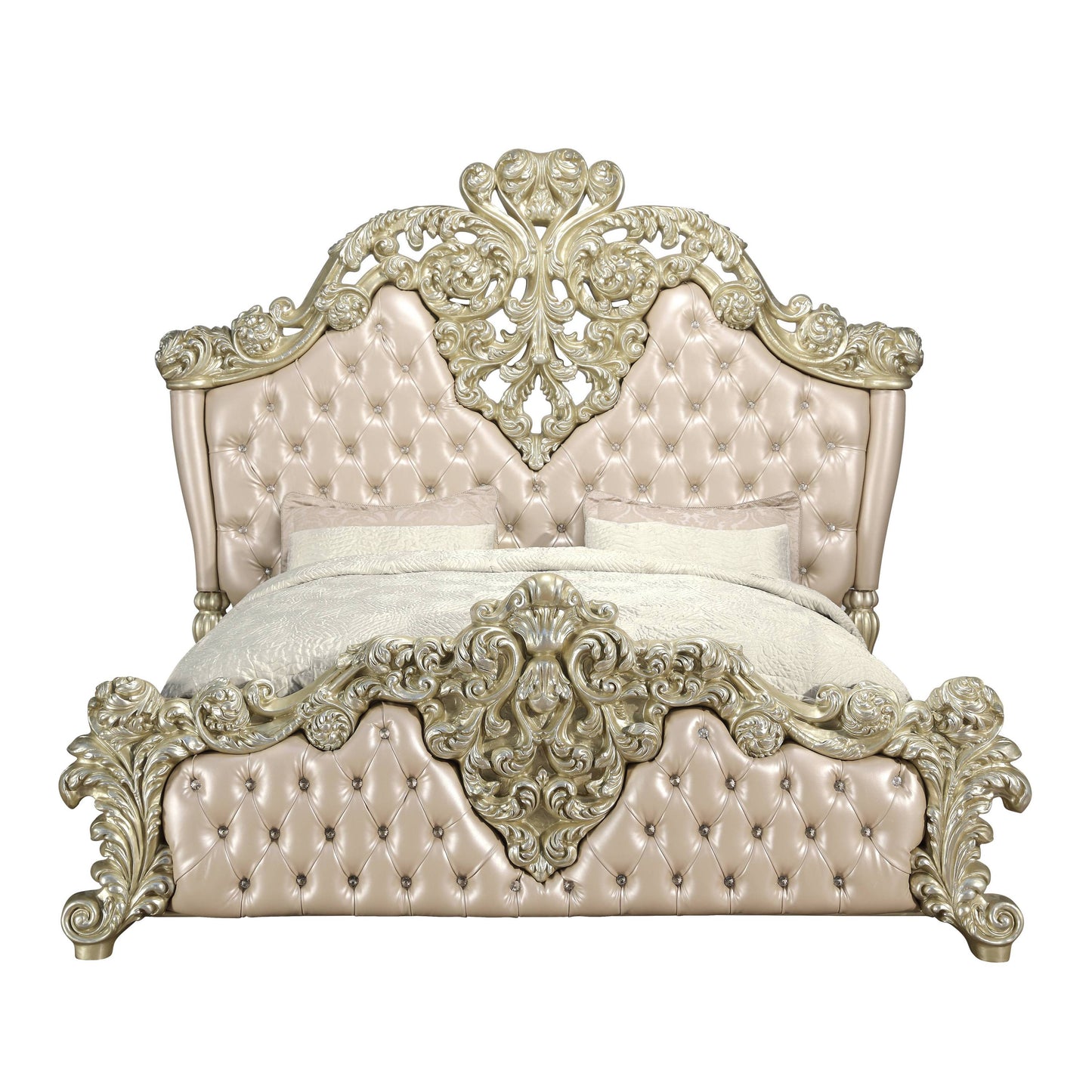 ACME Vatican Eastern King Bed, PU Leather, Light Gold & Champagne Silver Finish BD00461EK