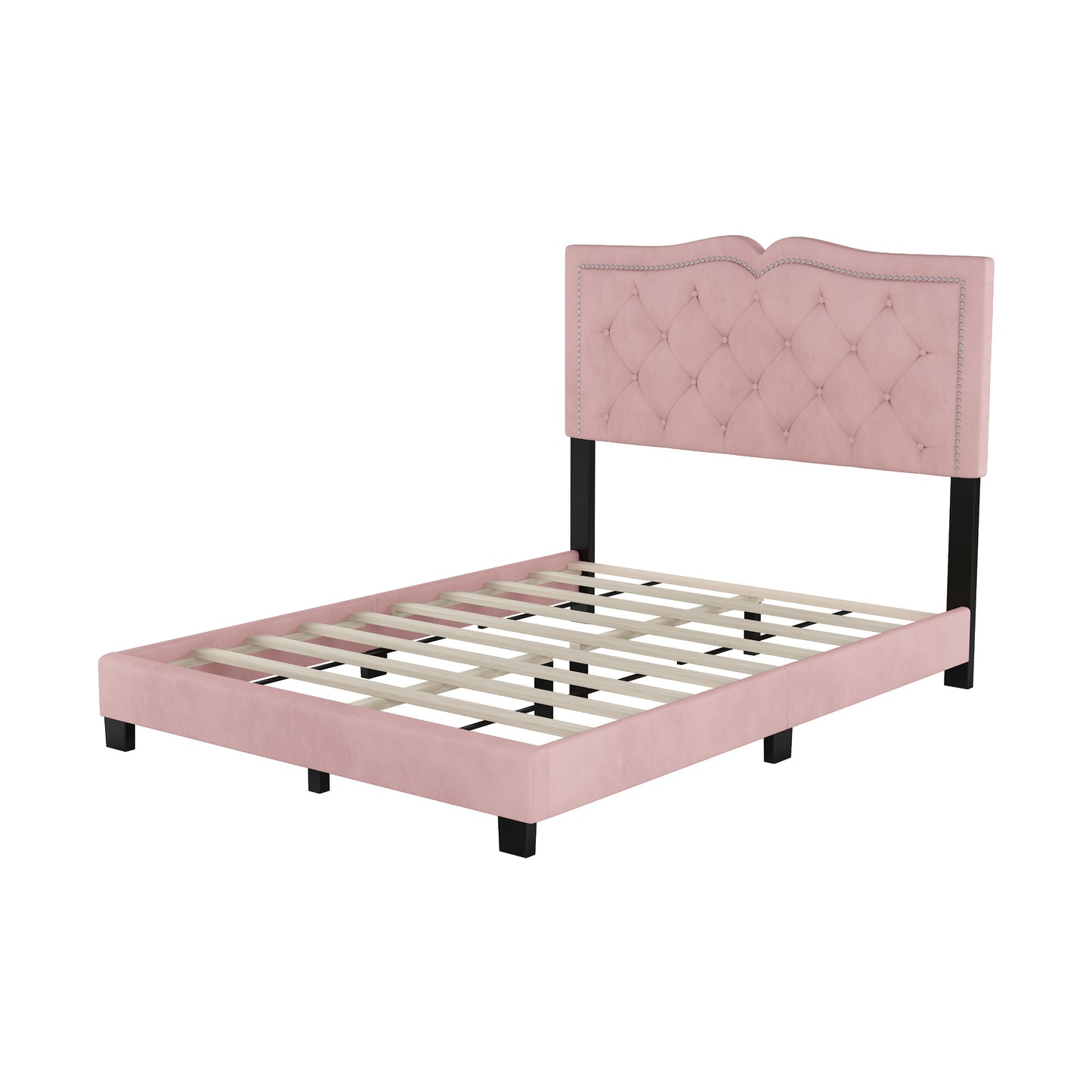 Full Size Upholstered Bed Frame with Rivet Design, Modern Velvet Platform Bed with Tufted Headboard,Pink