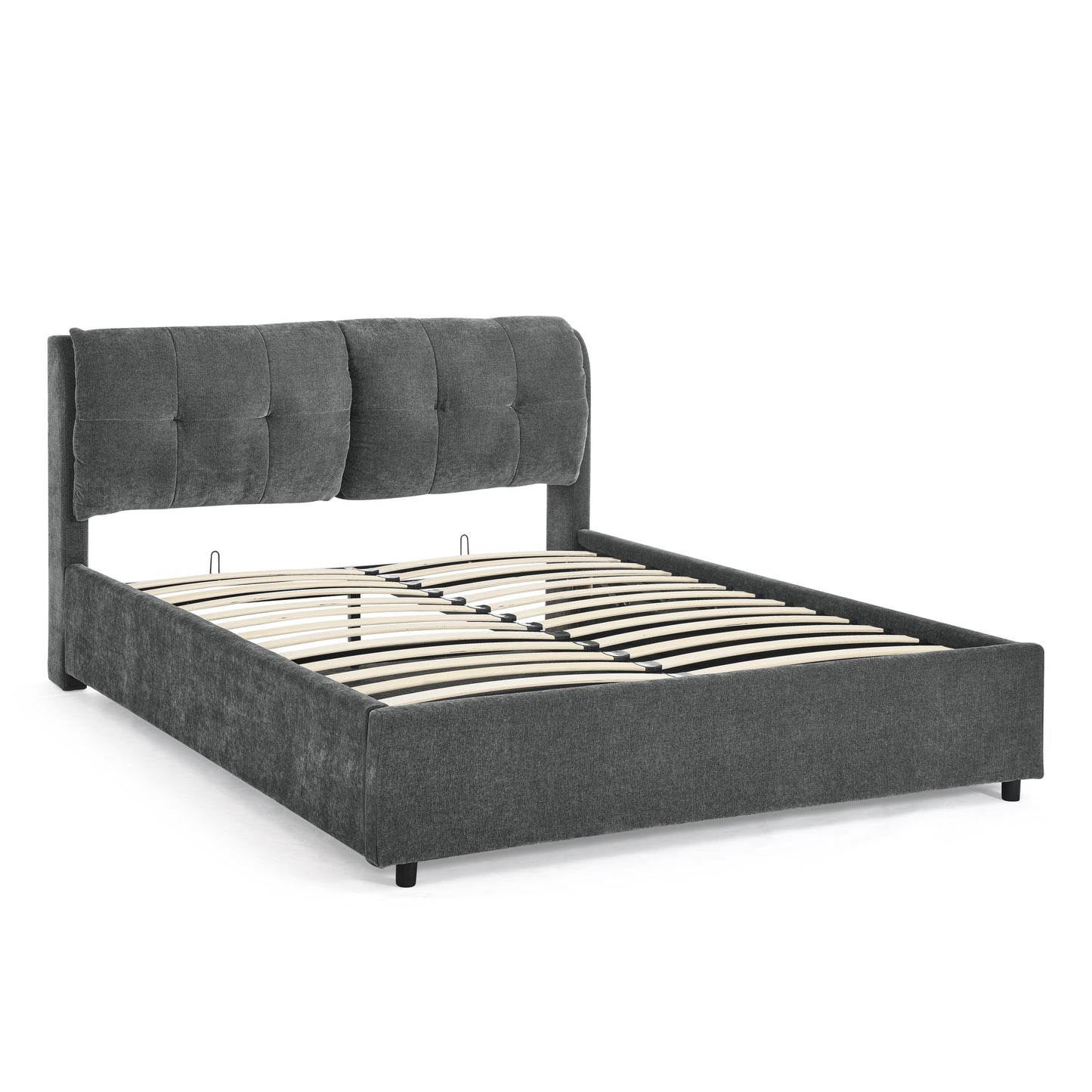 Cama tamaño queen con plataforma hidráulica tapizada, cabecero integrado, tela de chenilla, color gris