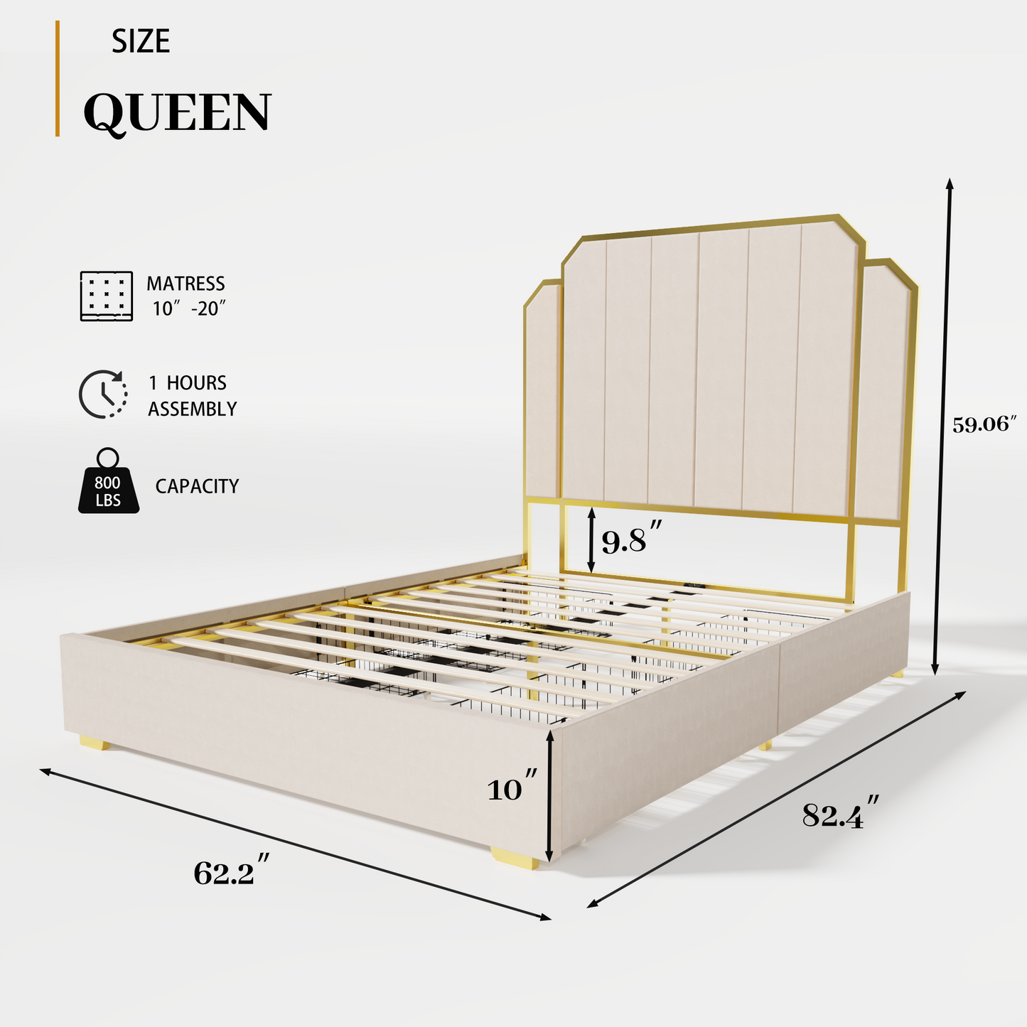 Queen Size Bed Frame and 59.06" Headboard, Upholstered Bed with Golden Plating Trim, Modern Platform Bed No Box Spring Needed, Cream