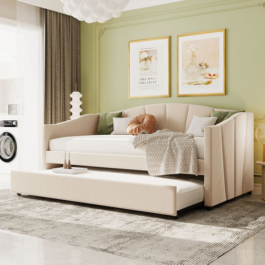 Upholstered Daybed Sofa Bed Twin Size With Trundle Bed and Wood Slat ,Beige