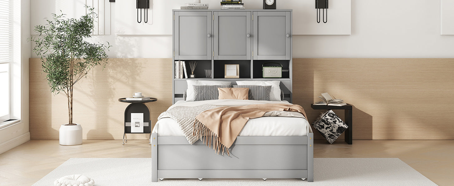 Full Size Platform Bed with Storage Headboard and 4 Drawers, Gray