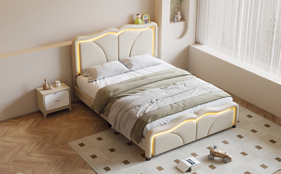 Full Size Upholstered Platform Bed with Curve Shaped and Height-adjustbale Headboard,LED Light Strips,White