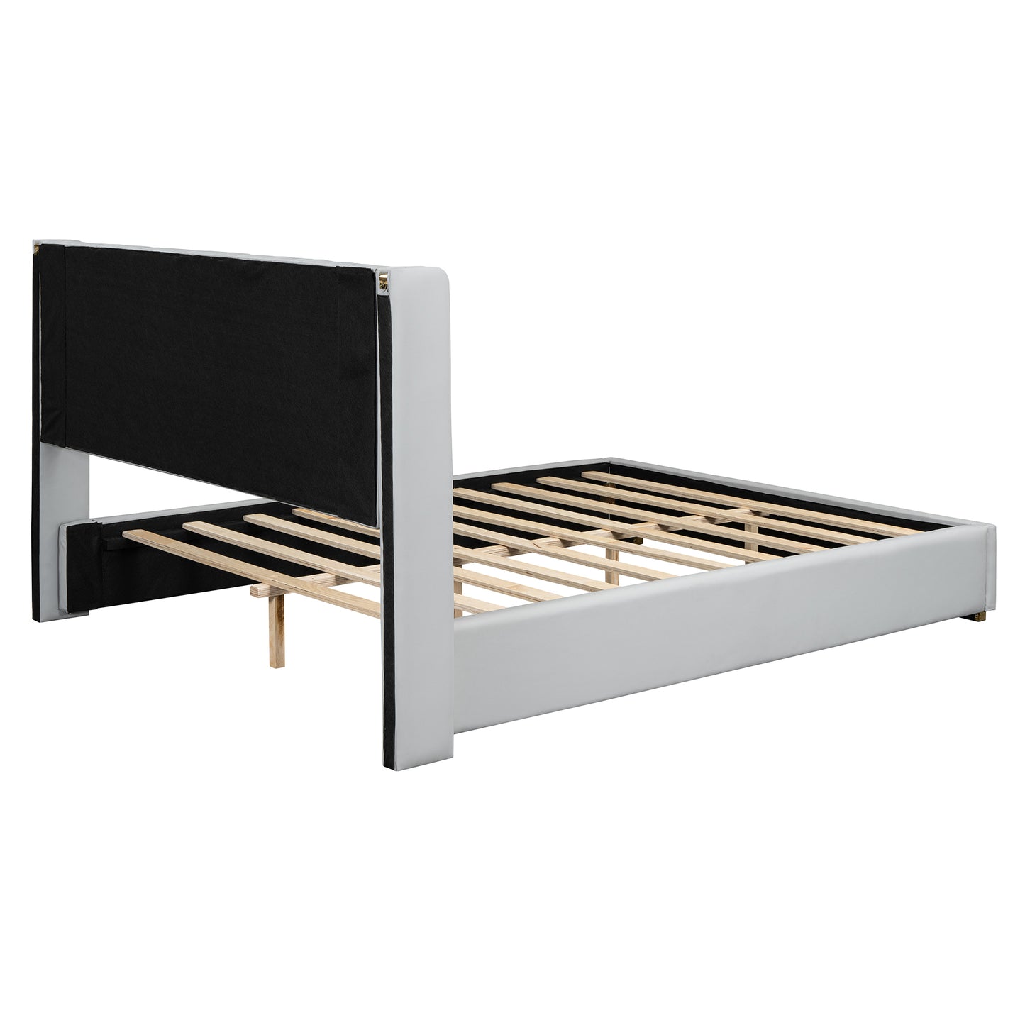 Queen Size Upholstered Platform Bed with Metal Strips, Off-white