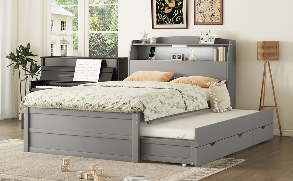 Full Size Wooden LED Platform Bed with Trundle, with Storage Headboard, with Drawers, Gray