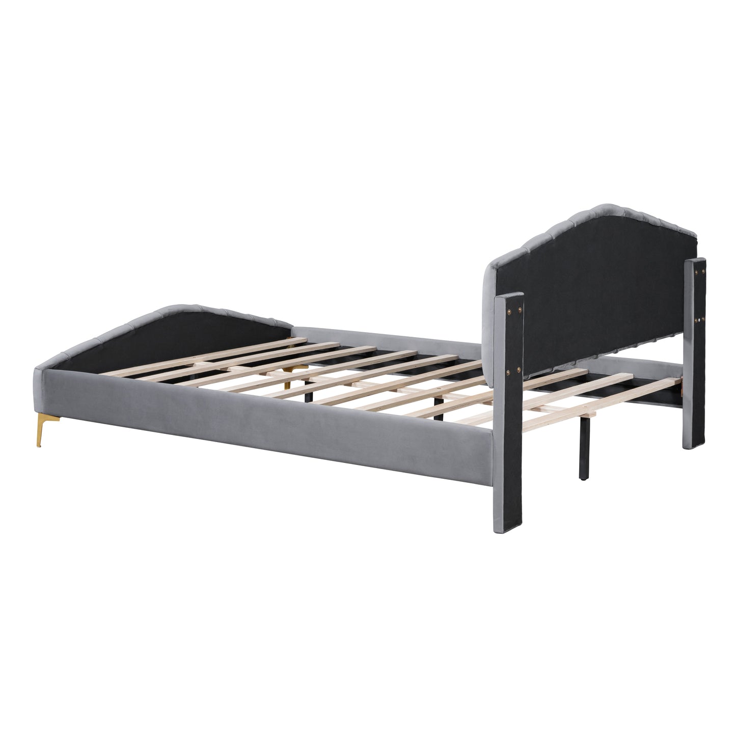 Queen Size Velvet Platform Bed with Thick Fabric, Stylish Stripe Decorated Bedboard and Elegant Metal Bed Leg, Gray