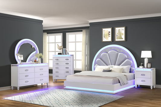 King 5 Pc LED Bedroom Set Made with Wood in Milky White