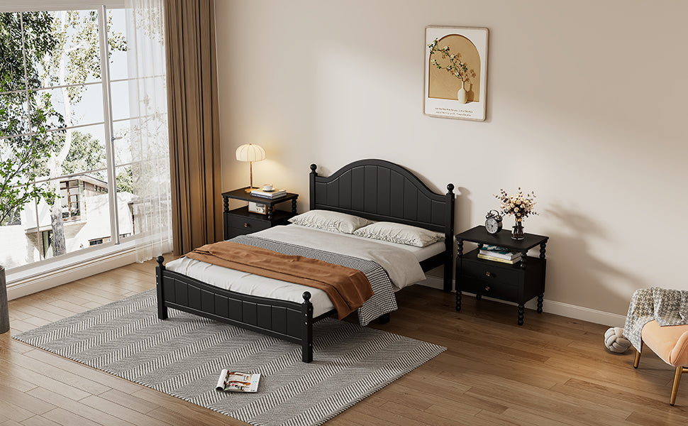 Traditional Concise Style Black Solid Wood Platform Bed, No Need Box Spring, Full