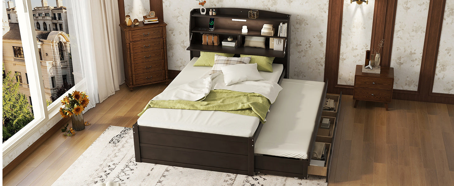 Full Size Wooden LED Platform Bed with Trundle, with Storage Headboard, with Drawers, Brown