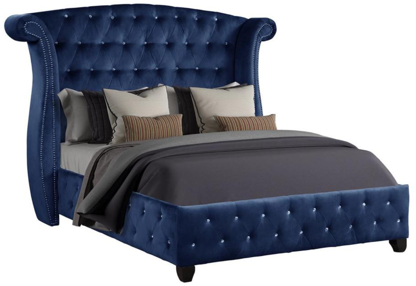 Modern Style Crystal Tufted Queen 4 Piece(Includes: Queen Size Bed, Nightstand, Vanity Set) Velvet Fabric Upholstery Vanity Bedroom Set Made with Wood in Blue