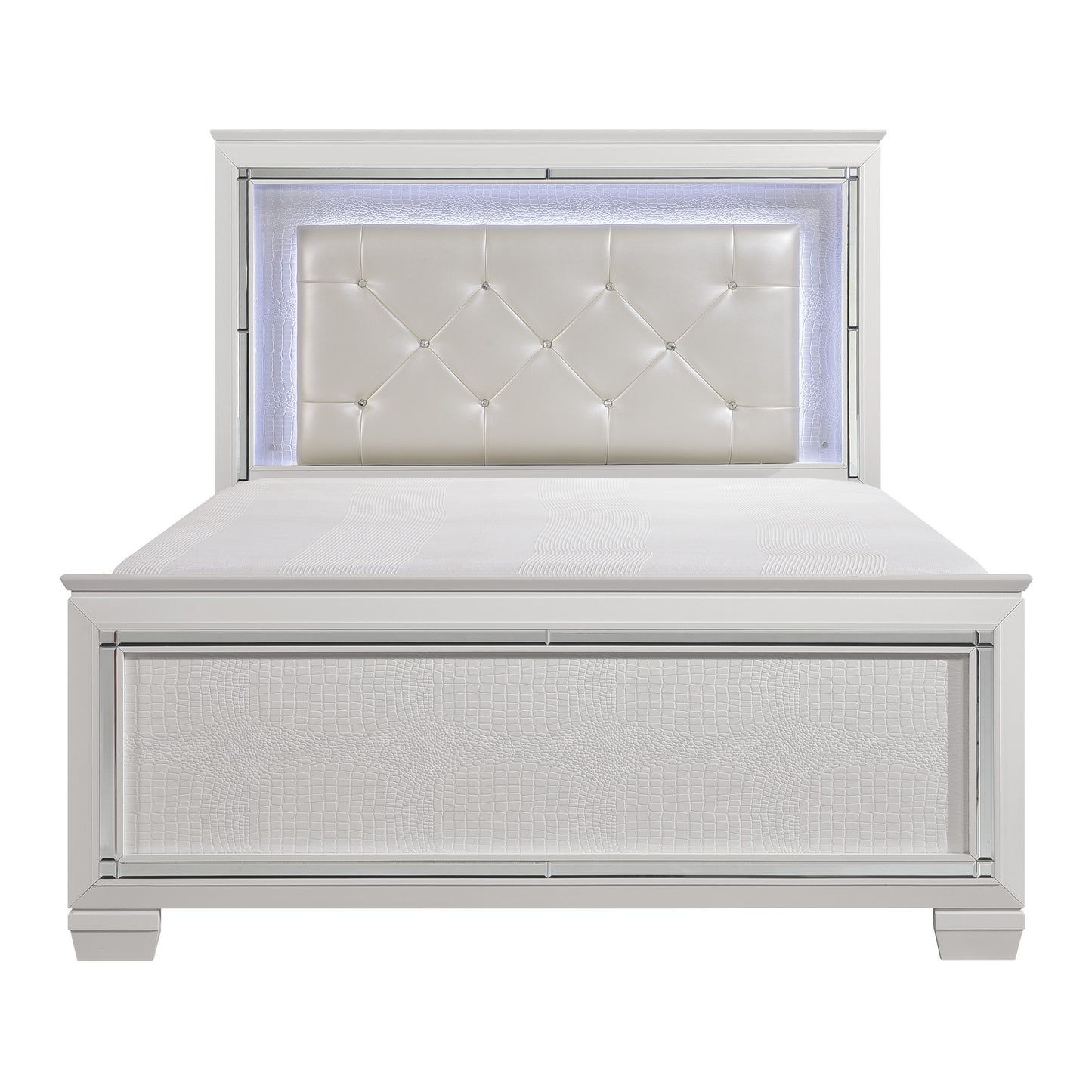 Glamorous Design Bedroom Furniture 1pc Queen Bed Button-Tufted LED Headboard White Finish Faux Alligator Embossed Textured Panels Bed