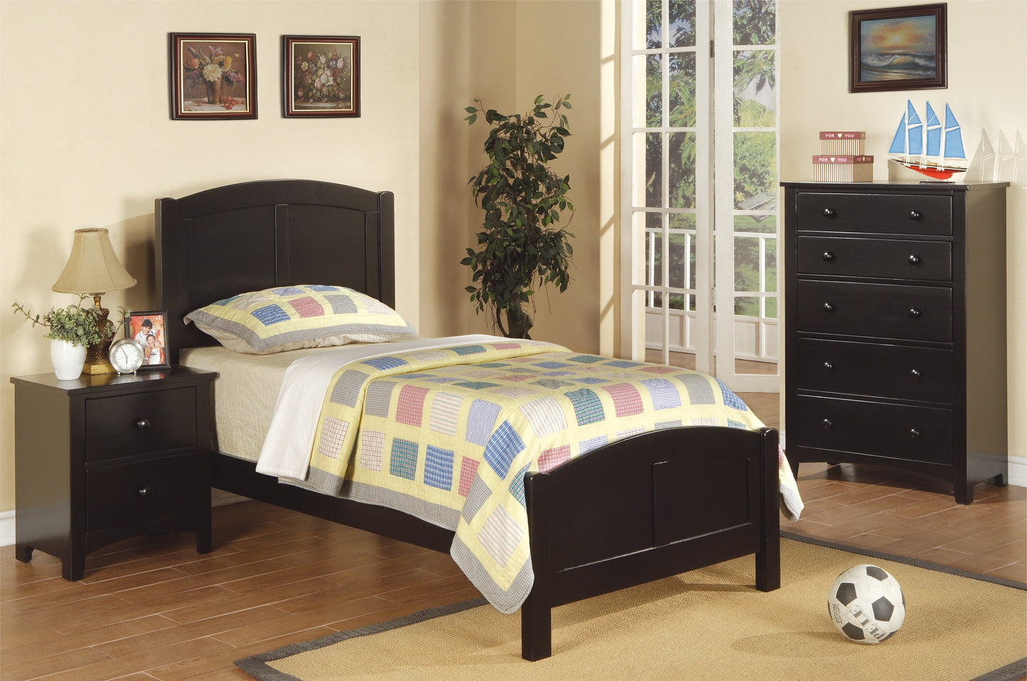 Black Color Twin Size Bed Youth Bedroom Furniture Unique Headboard Footboard Rubberwood