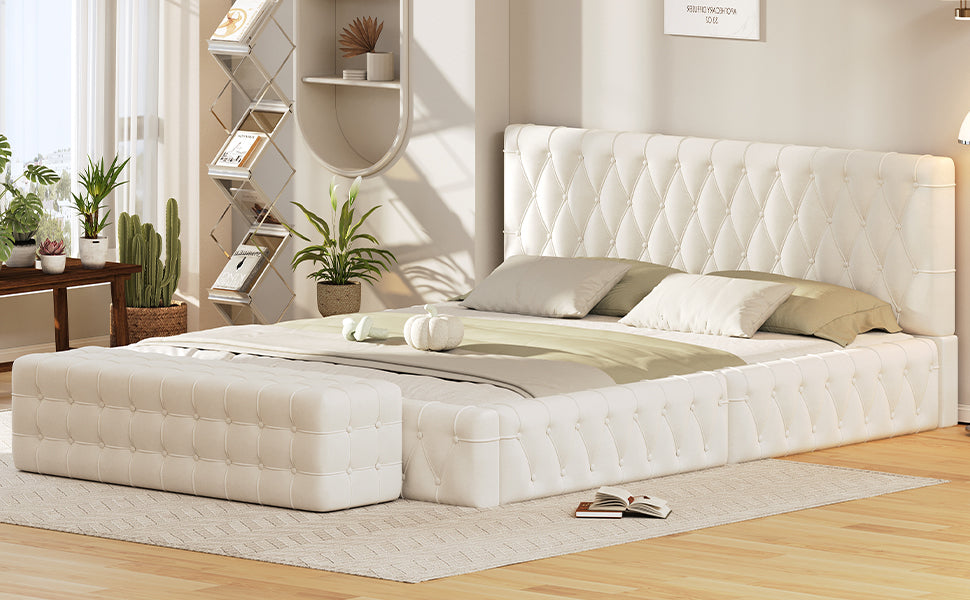 2-Pieces Bedroom Sets Queen Size Upholstered Bed with Rectangular Upholstered Ottoman for Bedroom,White