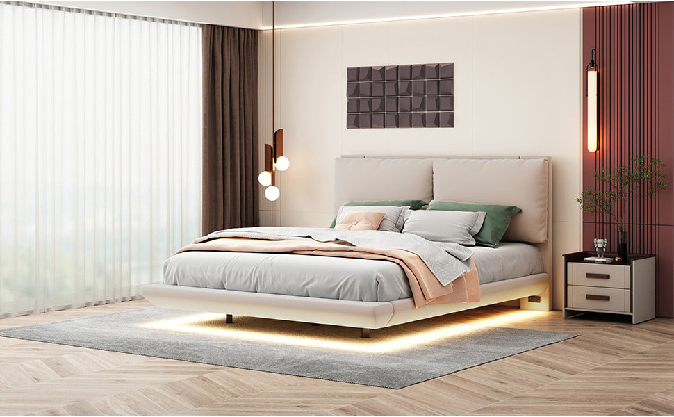 Queen Size Upholstered Platform Bed with Sensor Light and 2 Large Backrests, Stylish Platform Bed with 2 sets of USB Port and Socket on each rear Bed Leg, Beige