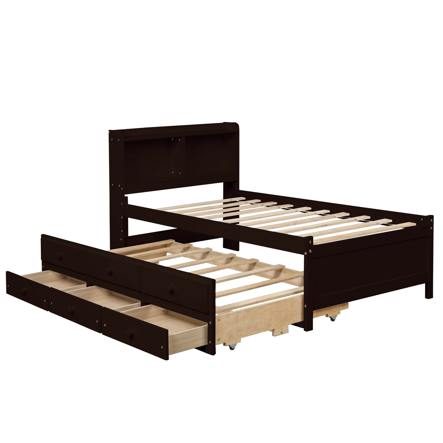 Twin Bed with Bookcase,Twin Trundle,Drawers,Espresso