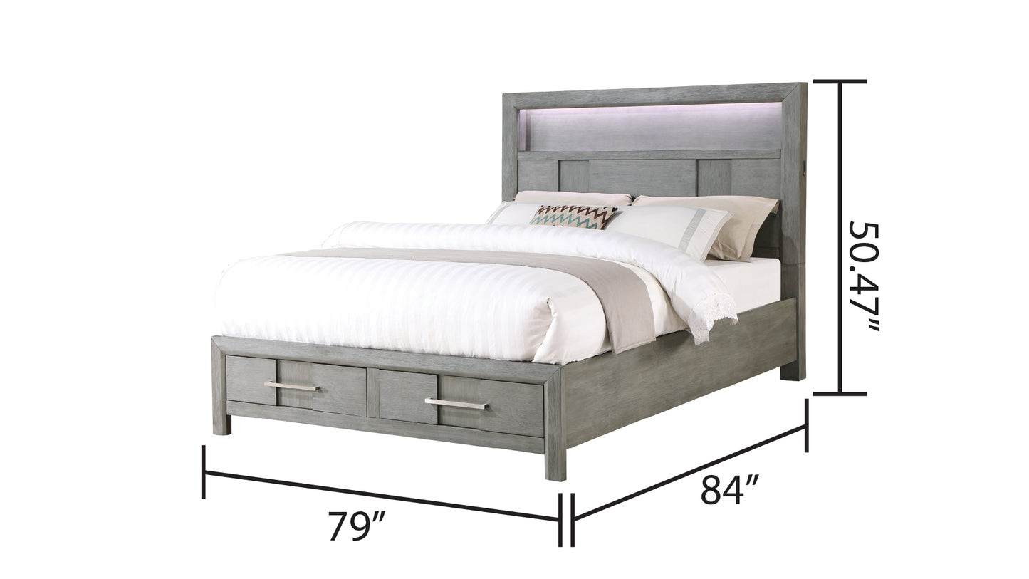 Modern Style King Bed Made with Wood & LED Headboard with bookshelf in Gray