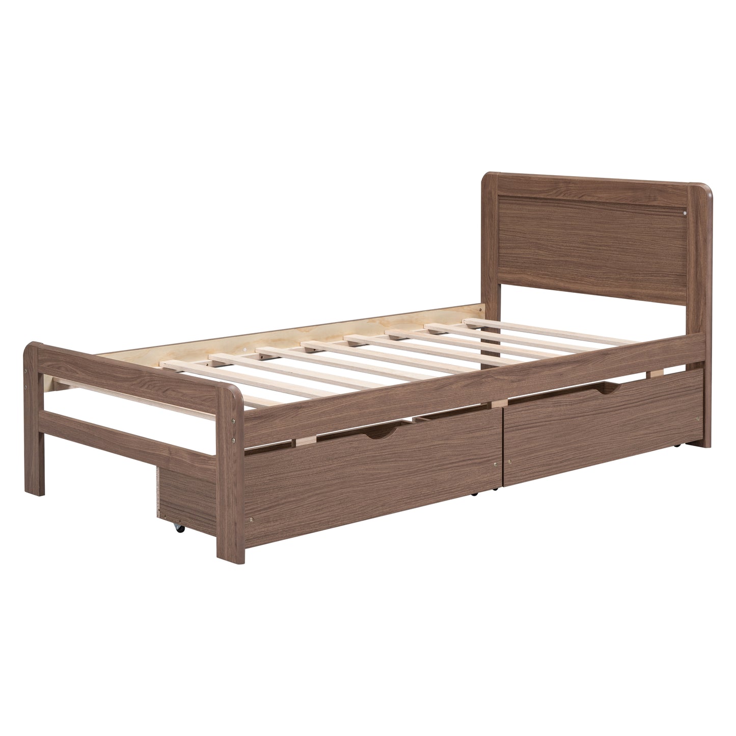 Modern Design Twin Size Platform Bed Frame with 2 Drawers for Walnut Color