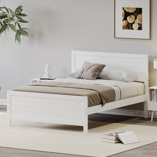 Wood Platform Bed Frame with Headboard, Mattress Foundation with Wood Slat Support, No Box Spring Needed, Full Size, White