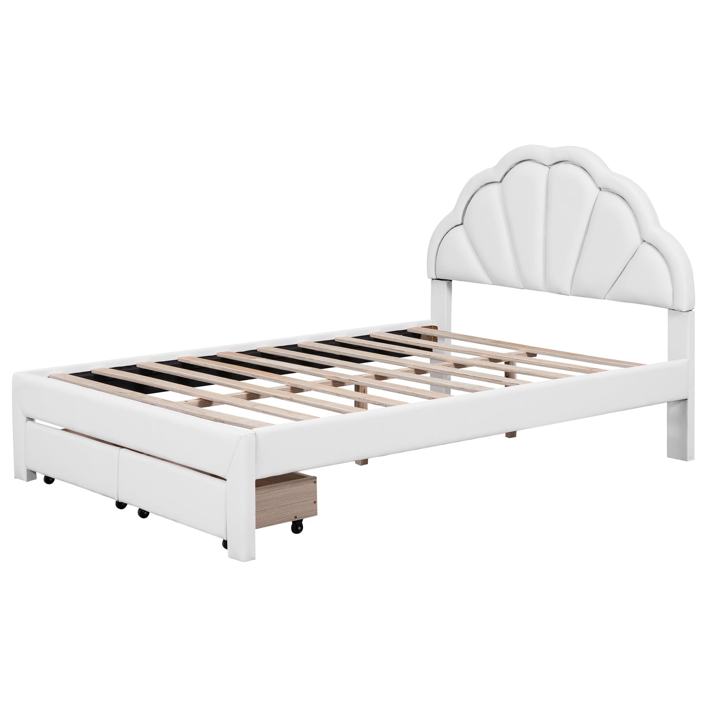 Full Size Upholstered Platform Bed with Seashell Shaped Headboard, LED and 2 Drawers, White