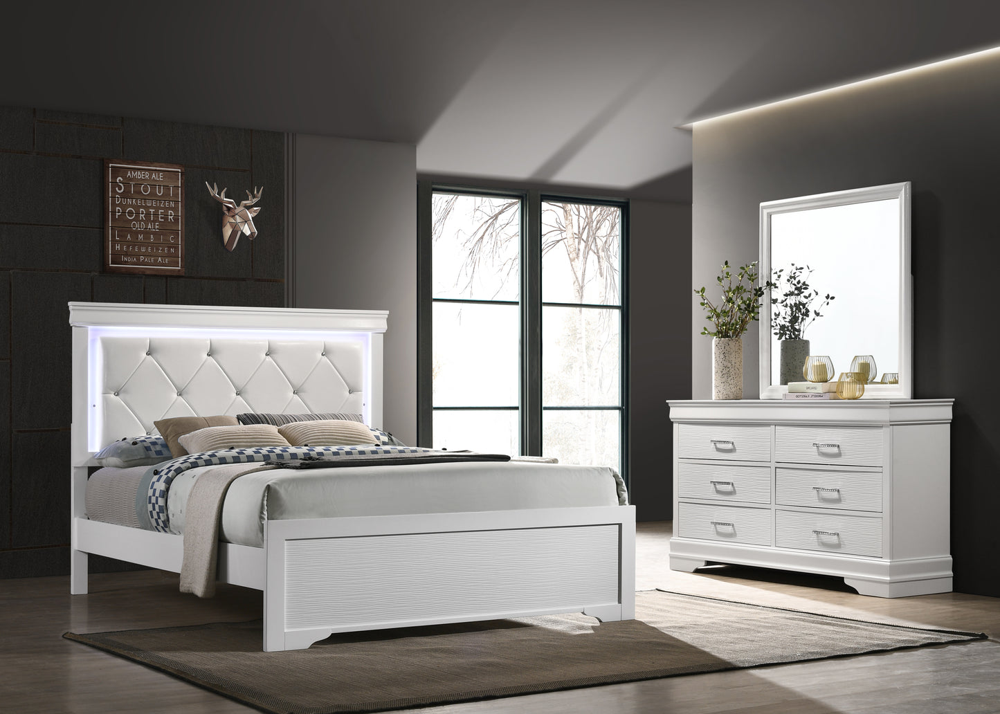 Modern Queen Size LED Bed made with Wood in White