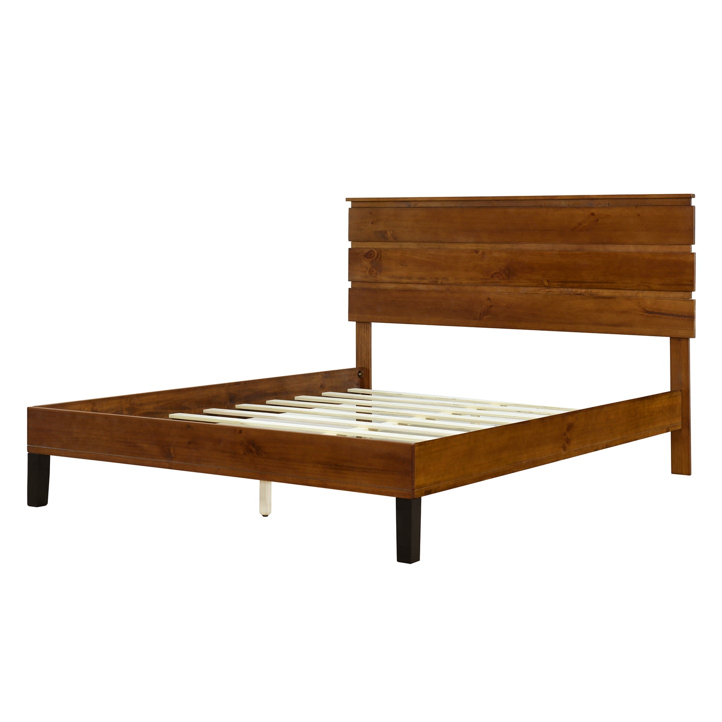 Mid-Century Modern Solid Wood Bed Frame Full Size Platform Bed with Three-Piece Headboard Design, No Box Spring Needed, Brown