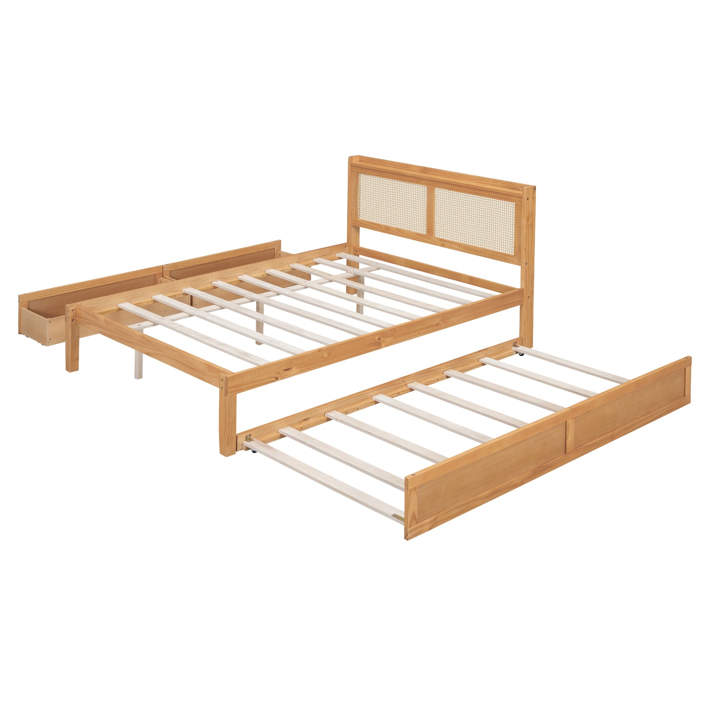 Full Size Elegant Bed Frame with Rattan Headboard and Sockets ,Natural